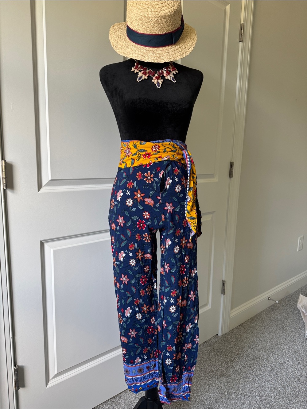 Hand Crafted Navy Floral Straight-Leg Pants with Yellow Waist Sash